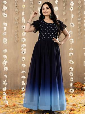 Blue faux georgette embroidery ombre designer gown 3