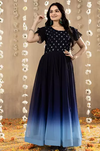 Blue faux georgette embroidery ombre designer gown