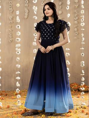 Blue faux georgette embroidery ombre designer gown 4