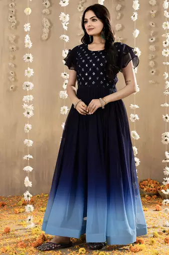 Blue faux georgette embroidery ombre designer gown