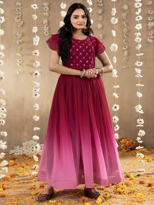 pink faux georgette embroidery ombre designer gown 1