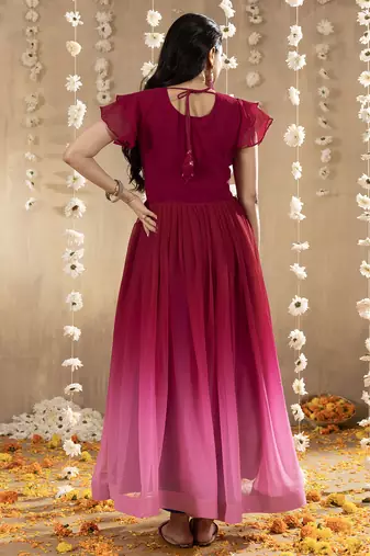 pink faux georgette embroidery ombre designer gown
