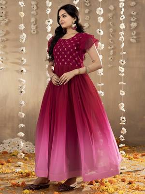 pink faux georgette embroidery ombre designer gown 3