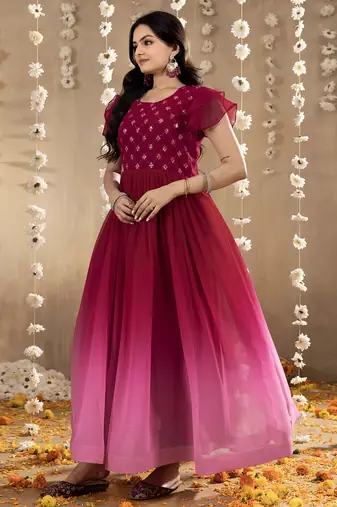 pink faux georgette embroidery ombre designer gown