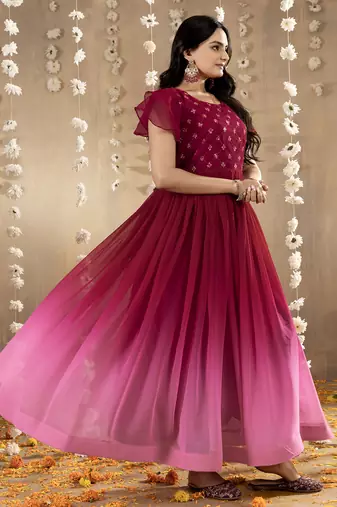 pink faux georgette embroidery ombre designer gown