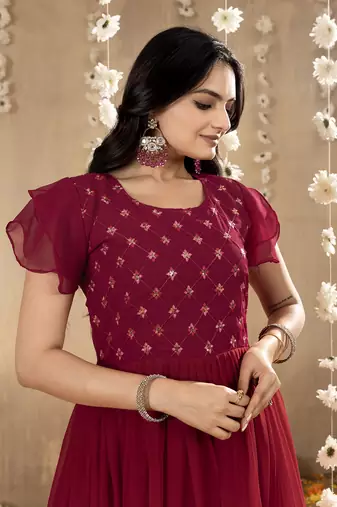 pink faux georgette embroidery ombre designer gown