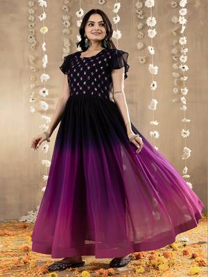 Purple faux georgette embroidery ombre designer gown 1