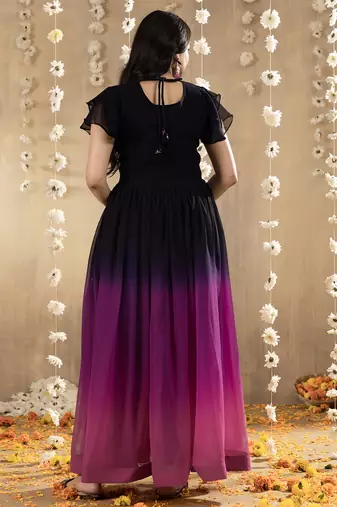 Purple faux georgette embroidery ombre designer gown