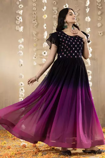Purple faux georgette embroidery ombre designer gown