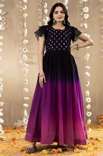 Purple faux georgette embroidery ombre designer gown
