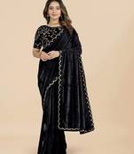 Black Colour Velvet Embroidery Border Work Saree