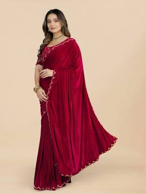 Maroon Colour Velvet Embroidery Border Work Saree 1