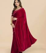 Maroon Colour Velvet Embroidery Border Work Saree