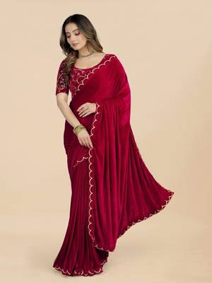 Maroon Colour Velvet Embroidery Border Work Saree 2