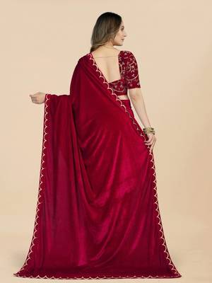 Maroon Colour Velvet Embroidery Border Work Saree 3