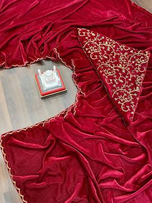 Maroon Colour Velvet Embroidery Border Work Saree 5