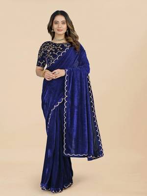 Navy-Blue Colour Velvet Embroidery Border Work Saree 1