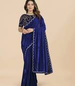 Navy-Blue Colour Velvet Embroidery Border Work Saree