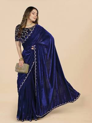 Navy-Blue Colour Velvet Embroidery Border Work Saree 2