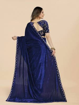 Navy-Blue Colour Velvet Embroidery Border Work Saree 3
