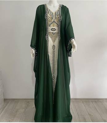 Sale Green And White Georgette Kaftan Handcrafted Zari Bedded Work Stitched Party Wear Wedding Dresses 1