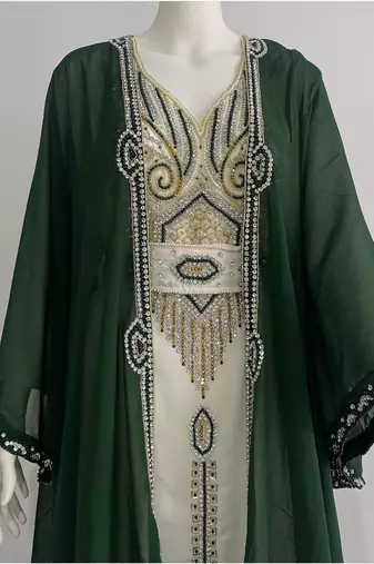 Sale Green And White Georgette Kaftan Handcrafted Zari Bedded Work Stitched Party Wear Wedding Dresses
