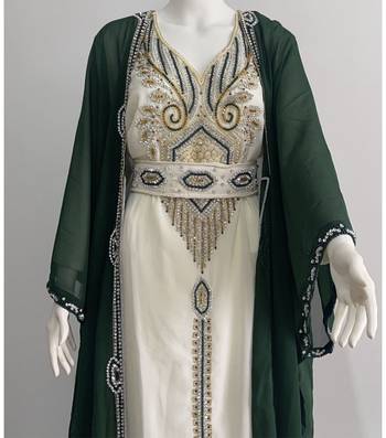 Sale Green And White Georgette Kaftan Handcrafted Zari Bedded Work Stitched Party Wear Wedding Dresses 3