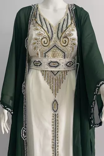 Sale Green And White Georgette Kaftan Handcrafted Zari Bedded Work Stitched Party Wear Wedding Dresses