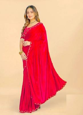 Red Colour Velvet Embroidery Border Work Saree 1