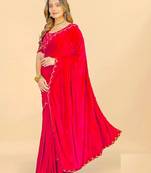 Red Colour Velvet Embroidery Border Work Saree
