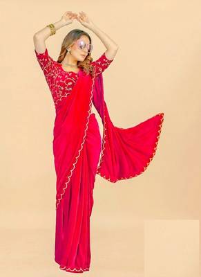 Red Colour Velvet Embroidery Border Work Saree 2