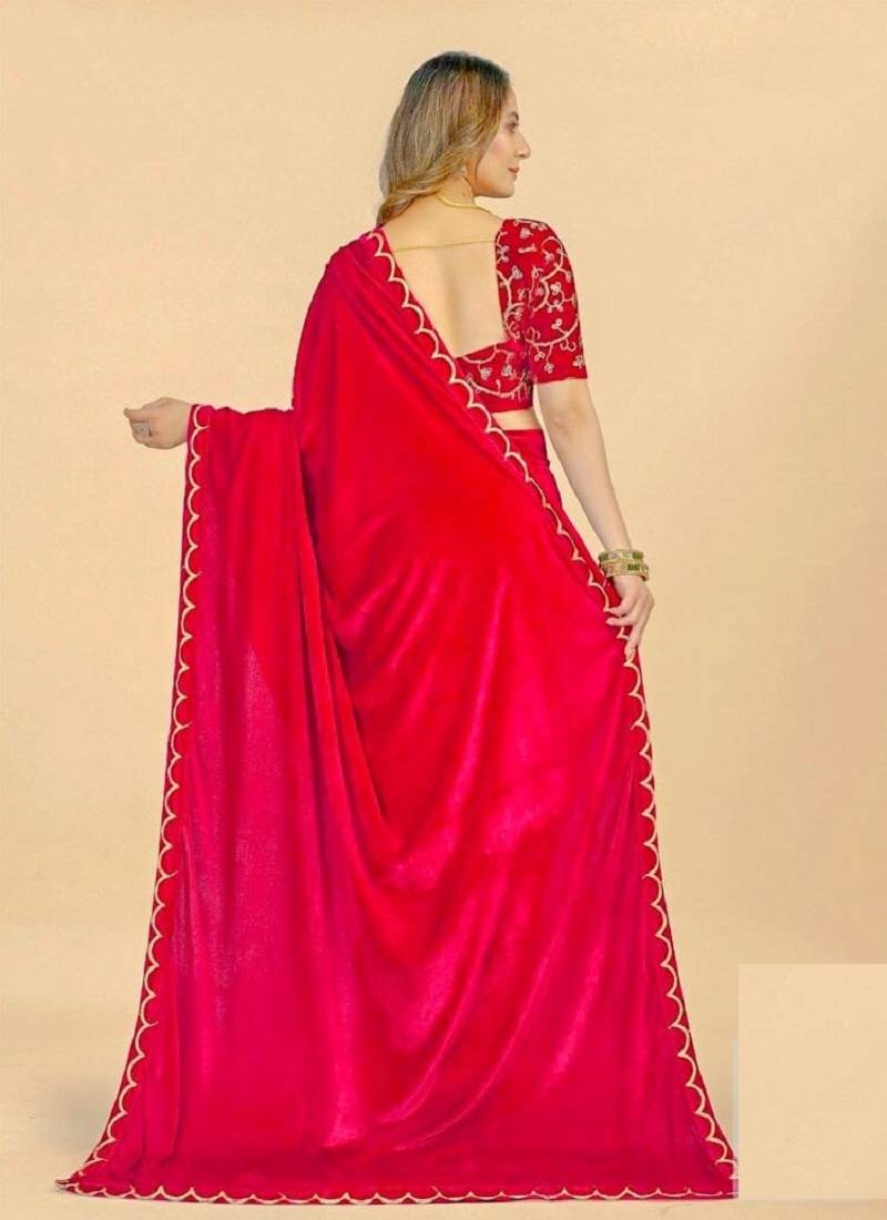 Red Colour Velvet Embroidery Border Work Saree