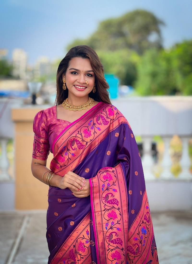 Purple Paithani Meenakari art Silk Saree