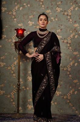 Dark wine velvet saree for women 1