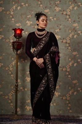 Dark wine velvet saree for women 3
