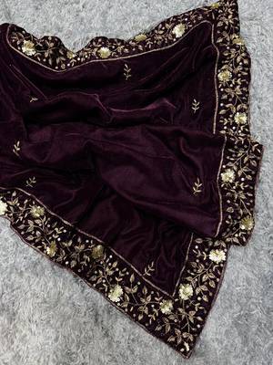 Dark wine velvet saree for women 4