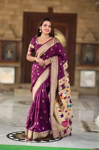 Magenta Paithani art Silk Saree With Meenakari Design