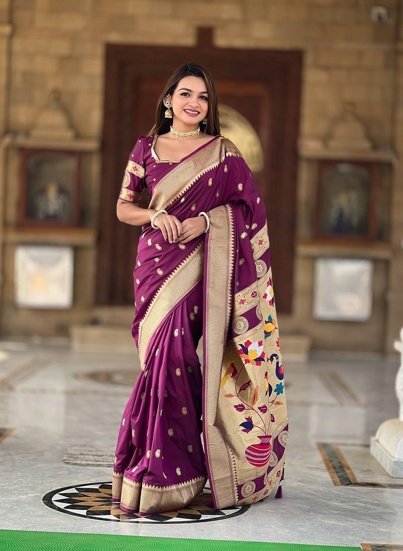 Magenta Paithani art Silk Saree With Meenakari Design