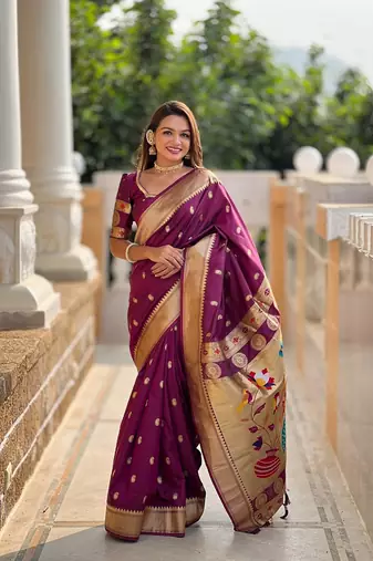 Magenta Paithani art Silk Saree With Meenakari Design