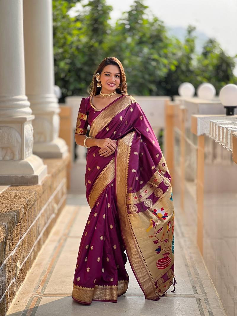Magenta Paithani art Silk Saree With Meenakari Design