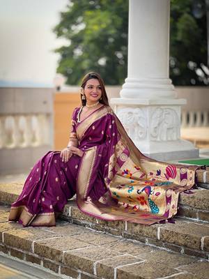 Magenta Paithani art Silk Saree With Meenakari Design 4