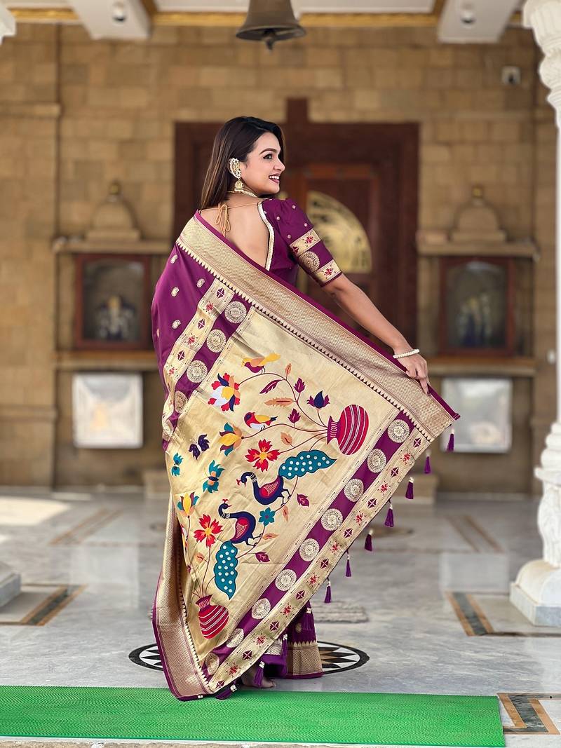 Magenta Paithani art Silk Saree With Meenakari Design