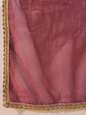 women brown poly georgette solid embroidered a-line kurta trouser with dupatta 6