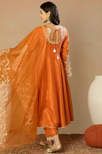 orange silk blend solid embroidered anarkali kurta trousers with dupatta