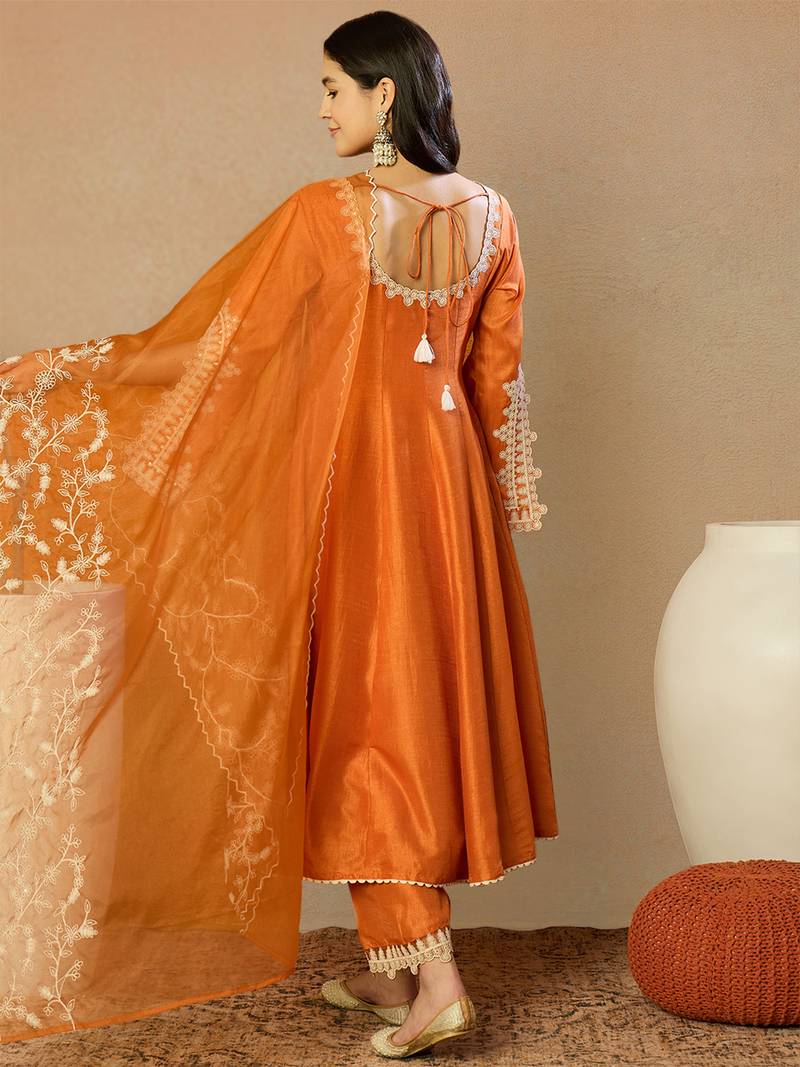 orange silk blend solid embroidered anarkali kurta trousers with dupatta