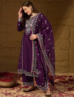 women purple silk blend yoke design zari straight kurta palazzo with dupatta 7