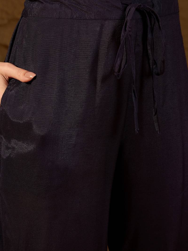 Women Navy-blue solid silk blend woven fancy straight trousers with dupatta