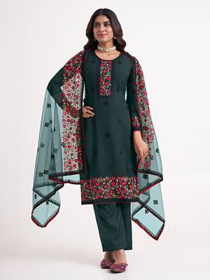 Dark green colour georgette embroidered straight fit salwar suit 1