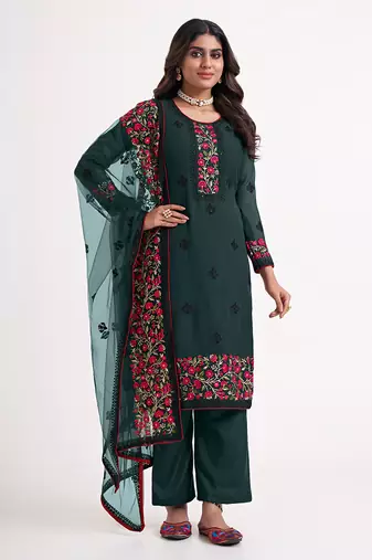 Dark green colour georgette embroidered straight fit salwar suit