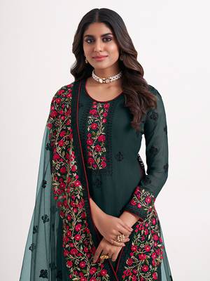 Dark green colour georgette embroidered straight fit salwar suit 3